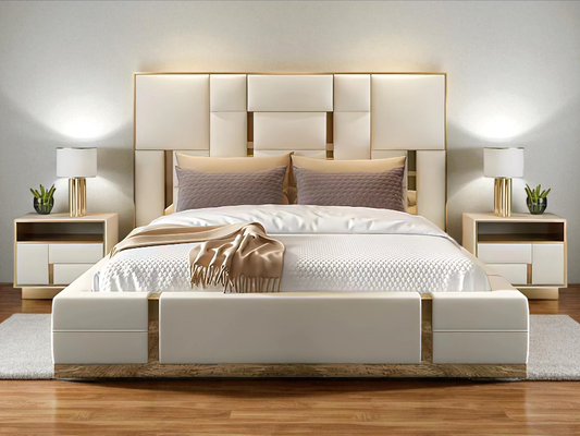 WINGLESS AVALON Leather Beige King Bed Frame